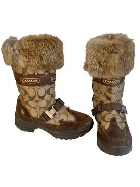 Coach Sahara Vintage Y2K Brown Fur Suede Monogram Logo Snow Winter Boots Size 5